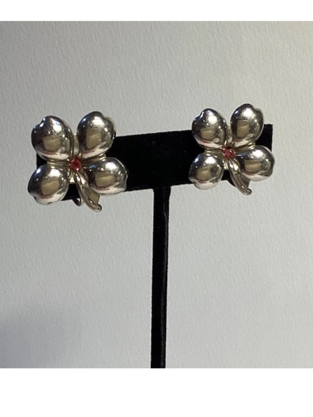 VTG Puffy Four Leaf Clover Sterling Silver 925  1” Screwback Earrings Pink CZ